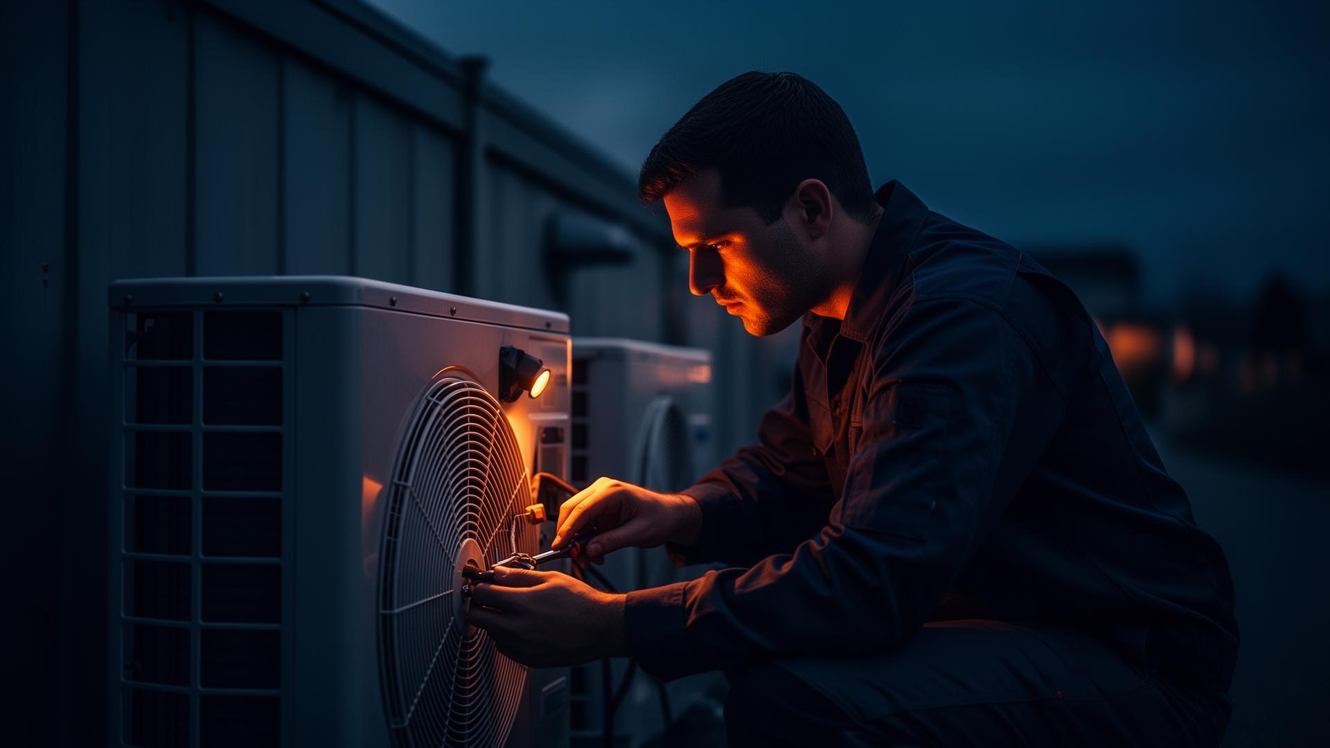 HVAC technician working on outdoor unit at dusk